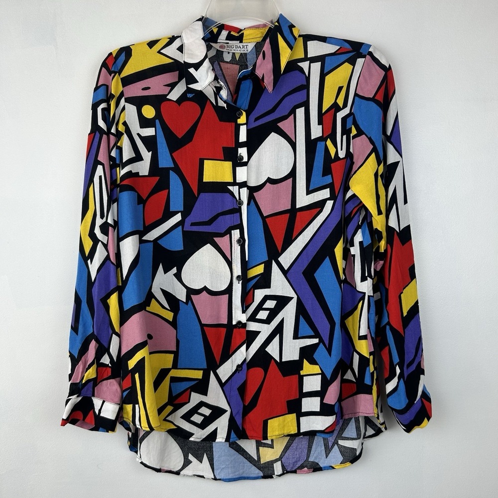 Art to Wear Top Womens Medium L Bold Abstract Button Shirt Maximalist Artsy